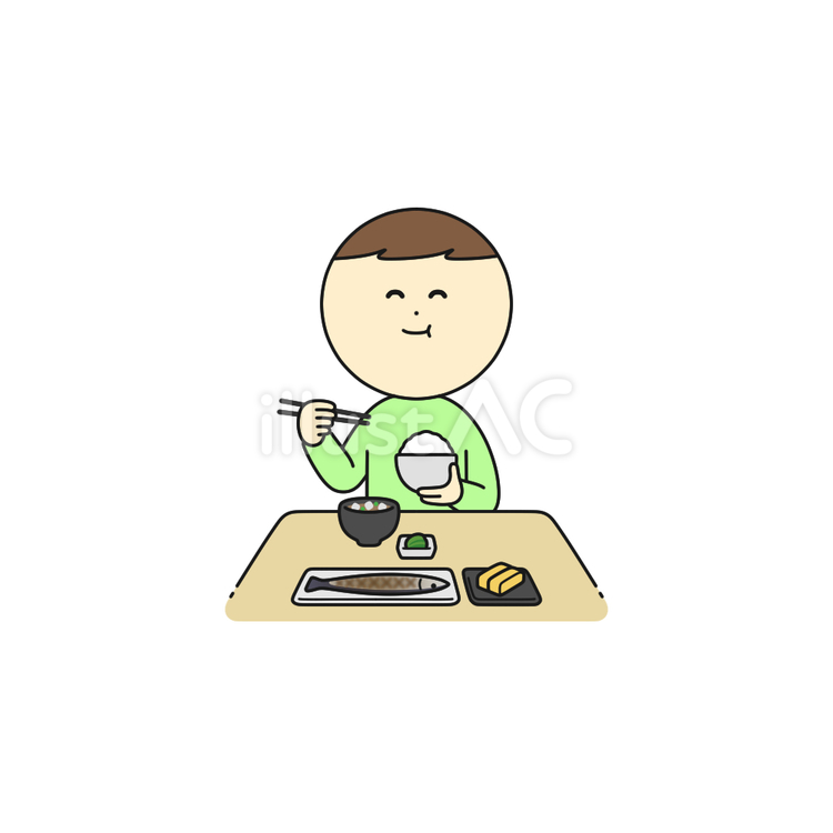 ご飯を食べる男性と食卓のイラスト＿食事 男性,人物,食事のイラスト素材