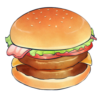 ファストフード店のハンバーガー ハンバーガー,ファストフード,ジャンクフード,ダブルバーガー,おやつ,パテ,バンズ,レタス,トマト,チーズのイラスト素材