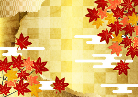 Autumn25105 紅葉,雲,市松模様,秋,和紙,水彩,文様,かわいい,背景,壁紙のイラスト素材
