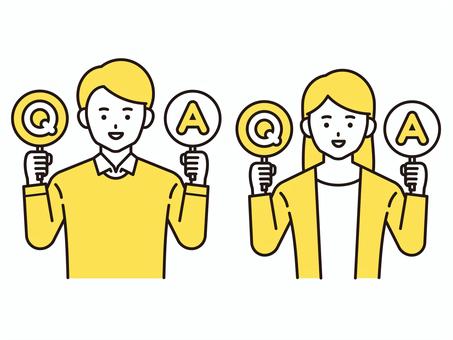 Q＆Aを持った私服姿の男女（黄色） 夫婦,男女,qa,クエスチョン,アンサー,質問,疑問,問題,答え,解答のイラスト素材