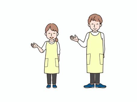 片手を上げる男女_エプロン 大人,男性,女性,男女,ペア,おそろい,全身,エプロン,ズボン,パンツのイラスト素材