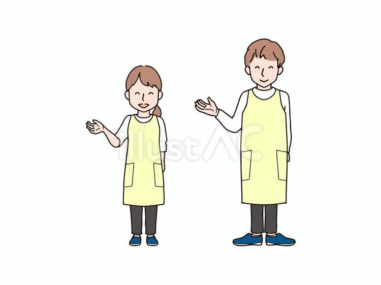 片手を上げる男女_エプロン 大人,男性,女性のイラスト素材