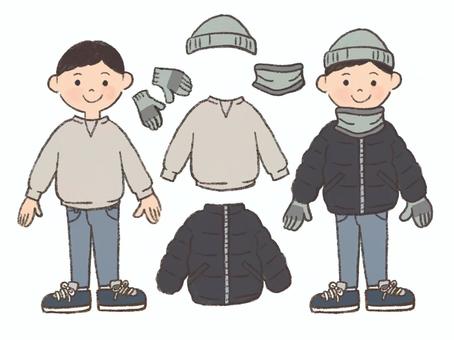 寒い日の男の子（ナチュラルカラー） 男の子,冬,ジャンパー,防寒,子ども,ネックウォーマー,小学生,幼稚園のイラスト素材