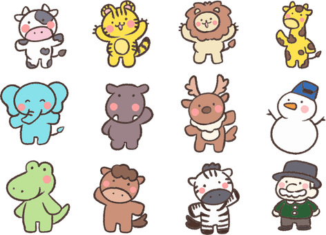 手書き風大きい動物たちのイラストセット かわいい,動物,大きい,牛,虎,ライオン,キリン,ゾウ,カバ,トナカイのイラスト素材