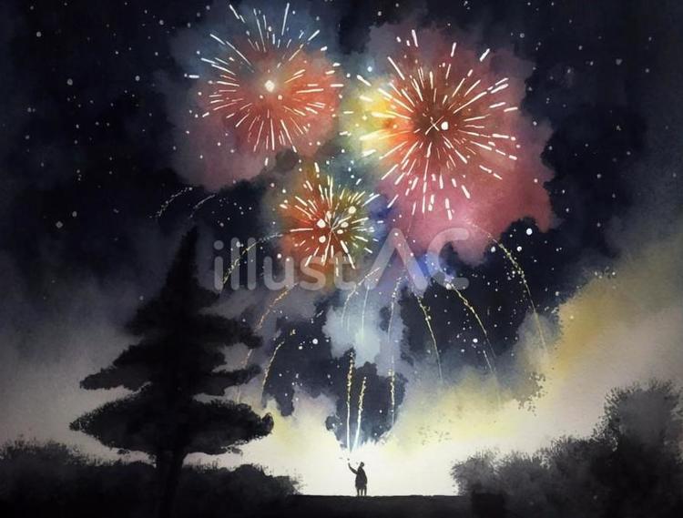 夏の夜空と打ち上げ花火の水彩画 花火,花火大会,夏のイラスト素材