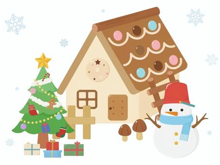 お菓子の家とクリスマスツリーと雪だるま クリスマス,お菓子の家,ヘクセンハウス,クリスマスツリー,雪だるま,お菓子,かわいい,ポップ,洋菓子,飾りのイラスト素材