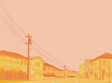 夕暮れの住宅街 街並み,秋,住宅街,夕暮れ,オレンジ色,背景,家,電柱,電線,夕日のイラスト素材