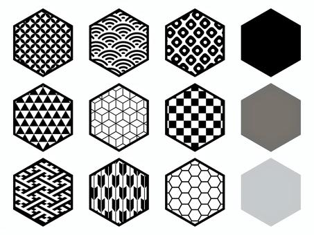 和のアイコンセット/六角形/黒 モノクロ,幾何学模様,ベクター,和風,和柄,柄,和,模様,パターン,セットのイラスト素材