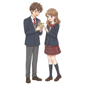 アニメ風のスマホを使う高校生の男女