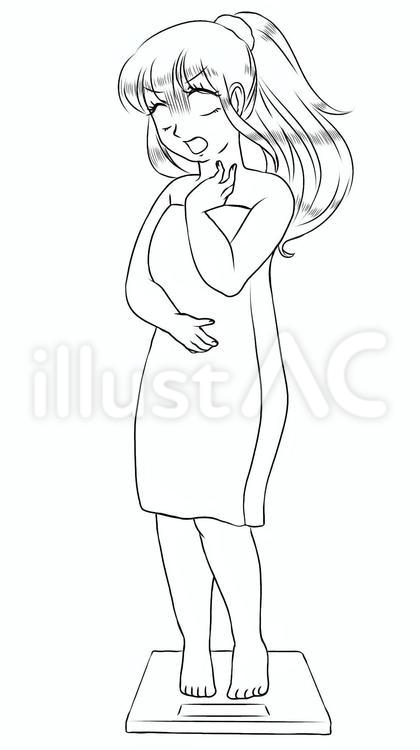 少女漫画風　体重計に乗る女性　線画影無し モノクロ,女性,体重計のイラスト素材