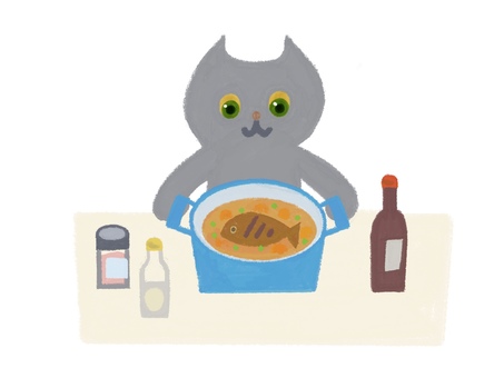 料理 料理 ネコ,1匹,鍋,魚,煮込み料理,自炊のイラスト素材