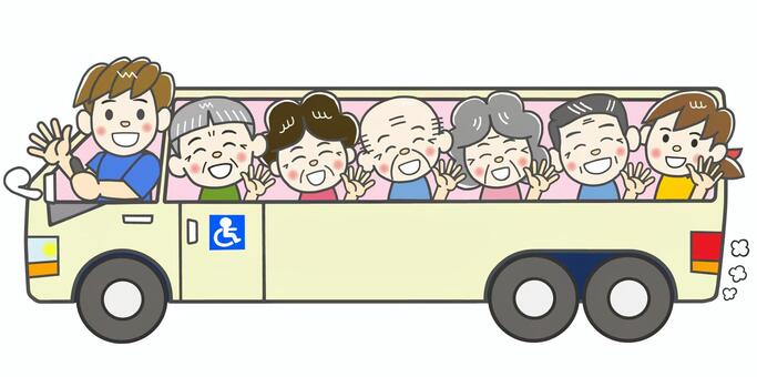 お年寄りを乗せて施設送迎楽しい送迎バス 送迎,行楽,バス,バン,マイクロバス,車,お年寄り,高齢者,男性,女性のイラスト素材