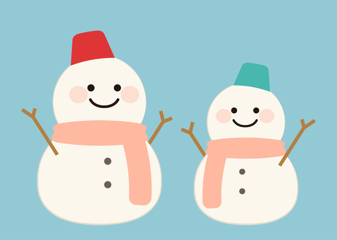 親子の雪だるま ゆきだるま,親子,ペア,大小,並ぶ,バケツ帽子,ほっぺ,枝,マフラー,ボタンのイラスト素材