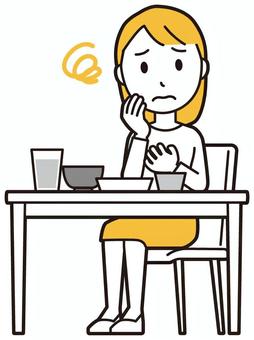  ロングヘア女性(黄)-452-全身 胃もたれ,女性,女の子,人物,かわいい,食事,食欲,不味い,困る,困ったのイラスト素材