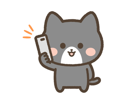 笑顔で電話をするねこのイラスト（黒ネコ） ねこ,電話,かける,スマホ,連絡,笑顔,日常,表情,電話する,かわいいのイラスト素材