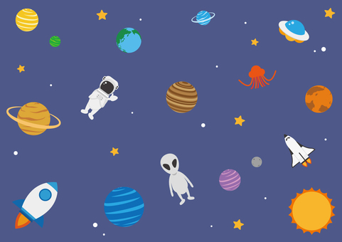 ポップな宇宙の背景素材 宇宙,惑星,地球,太陽,ロケット,ufo,火星人,宇宙人,宇宙飛行士,スペースシャトルのイラスト素材