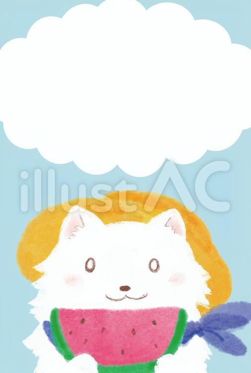 夏の挨拶はがき雲あり　わんことスイカ 犬,スイカ,西瓜のイラスト素材