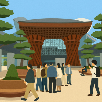 和の威容　金沢駅の鼓門と旅人 金沢駅,鼓門,金沢,石川,駅,駅前,ランドマーク,和風,門,伝統のイラスト素材