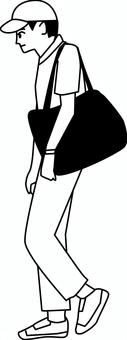 歩行者白黒 歩行者白黒 歩行者,歩く,若い,男性,カジュアル,キャップ,荷物,横向き,線画,白黒のイラスト素材