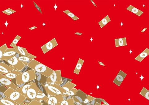 沢山のお金のお札と赤色の背景素材 お金,お札,経済,ポップ,星,背景のイラスト素材