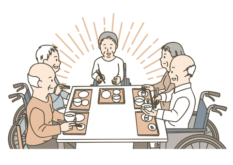 食卓を囲み食事を楽しむ高齢者 食事,高齢者,シニア,お年寄り,大人数,集団,談笑,楽しい,笑顔,テーブルのイラスト素材