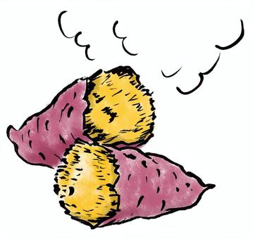 焼き芋　冬 さつまいも,石焼き芋,芋,冬,正月,筆描き,手描き,墨絵,ほかほかのイラスト素材