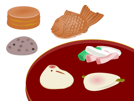 冬の和菓子 今川焼,大判焼き,鯛焼,亥の子餅,菱葩,はなびら餅,切山椒,上生菓子,スイーツ,おやつのイラスト素材