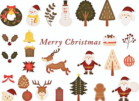 クリスマスイラスト水彩風 クリスマス,サンタクロース,トナカイ,スノーマン,雪だるま,ツリー,モミの木,リース,プレゼント,ギフトのイラスト素材