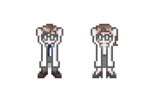 ドット絵のばんざいする白衣を着た男女 ドット絵,ピクセル,ガッツポーズ,バンザイ,喜び,驚き,やる気,かわいい,会社員,社会人のイラスト素材