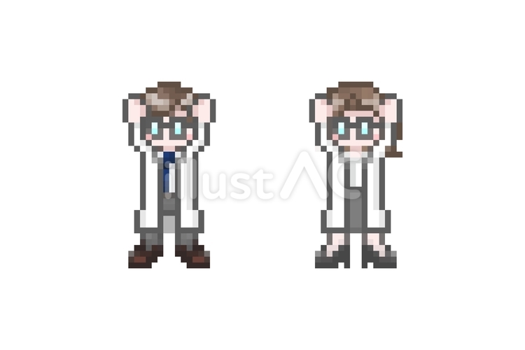 ドット絵のばんざいする白衣を着た男女 ドット絵,ピクセル,ガッツポーズのイラスト素材