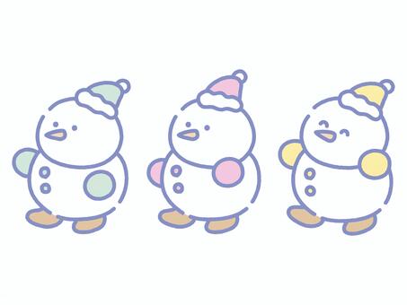 パステルグリーンピンクイエローの雪だるま 雪だるま,冬,雪遊び,冬休み,行進,散歩,並ぶ,キャラクター,パステル,淡いのイラスト素材