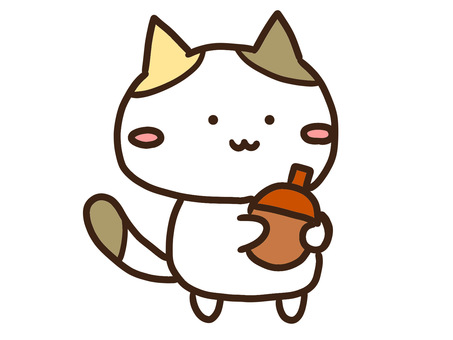 どんぐりを持って秋を感じるかわいい三毛猫 どんぐりを持って秋を感じるかわいい三毛猫 どんぐり,秋,木のみ,ねこ,かわいい,手書き,ゆるい,シンプル,デフォルメ,全身のイラスト素材