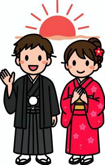 黒と赤のお正月の人です。 お正月,シンプル,和装,和服,成人式,卒業式,コスチューム,正装,日本,初日の出のイラスト素材