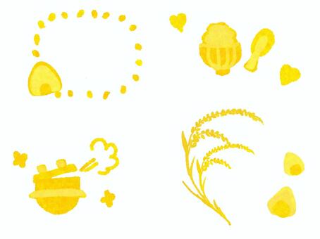 お米のアイコンセット お米,おにぎり,アイコン,秋,黄色,稲穂のイラスト素材