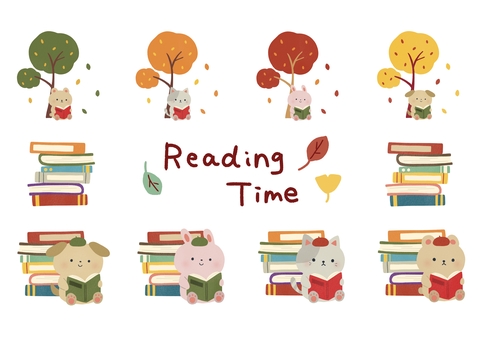 読書の秋セット 読書の秋セット 読書,秋,紅葉,木,本,読む,動物,犬,猫,うさぎのイラスト素材