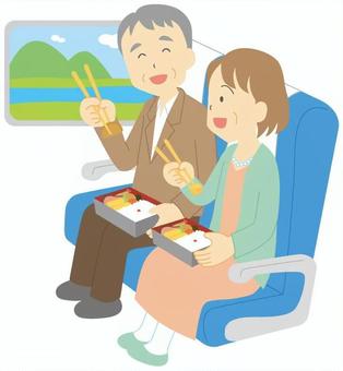 旅行11 旅行,駅弁,弁当,新幹線,電車,座席,食べる,車窓,窓,風景のイラスト素材