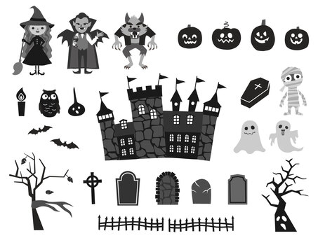 ハロウィーンのモノトーンアイコンセット ハロウィーン,ハロウィン,アイコン,セット,モノトーン,城,おばけ,モンスター,墓,木のイラスト素材