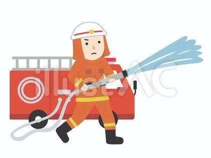 消火活動を行う消防士と消防車のイラスト