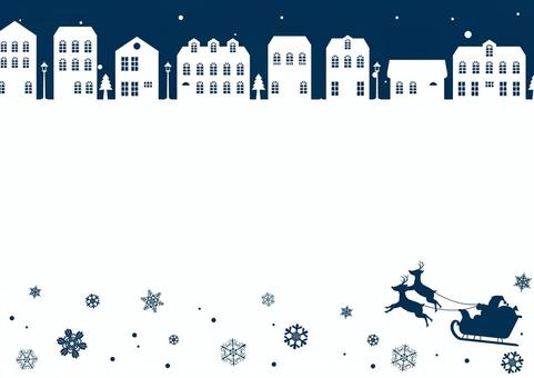 サンタクロースとクリスマスの夜の街 クリスマス,サンタクロース,トナカイ,そり,雪,結晶,街,家,街灯,木のイラスト素材
