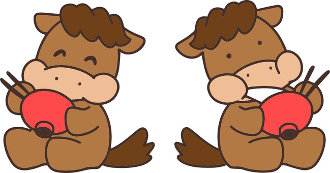 お雑煮を食べる馬たち 馬,仔馬,午,かわいい,お雑煮,正月,キャラクター,アイコン,競馬,デフォルメのイラスト素材