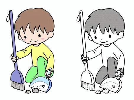 ちりとりでゴミを集める子 男の子,掃除,ちりとり,学校,小学生,ほうきのイラスト素材