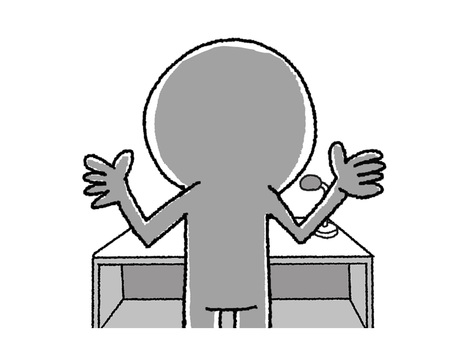 演説するシルエット シルエット,机,演説,マイク,後ろ姿,pop調,手描き,素材,商用可,無料のイラスト素材