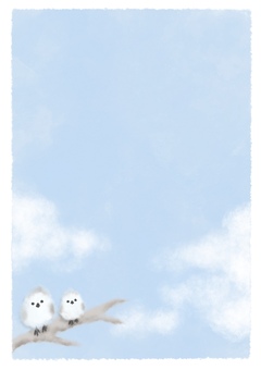 ふんわりやさしい シマエナガと青空 シマエナガ,青空,冬,背景,絵葉書,カード,縦長,縦,水彩,雲のイラスト素材