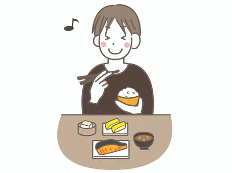 食事を楽しむ男性 食事を楽しむ男性 和食,朝ごはん,朝食,食べる,白米,ご飯,味噌汁,汁物,焼き魚,焼鮭のイラスト素材
