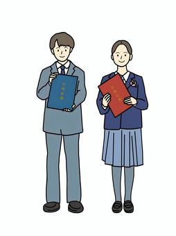 卒業証書を持つ男女の生徒 卒業証書,春,卒業,子供,小学生,６年生,中学生,高校生,３年生,シックのイラスト素材