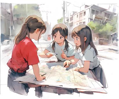 Illustration, primary school students, geography, practical training, 