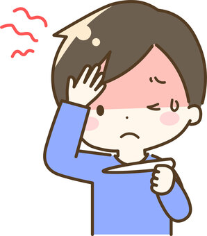 発熱　男の子 男の子,こども,発熱,熱,汗,しんどい,体調不良,熱い,暑い,体温計のイラスト素材