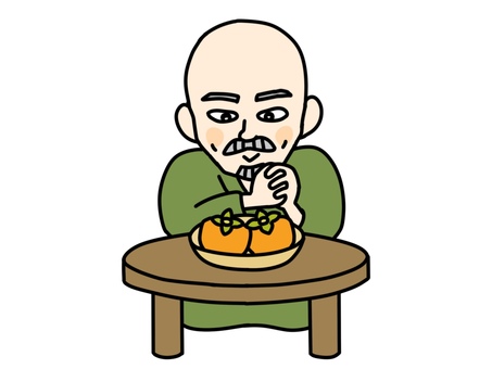柿二つを前に嬉しそうな正岡子規 正岡子規,柿,似顔絵,肖像画,ゆるい,かわいい,手描き,デフォルメ,歴史,人物のイラスト素材