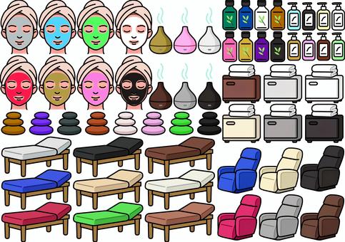 エステの設備や道具です。 ハンドタオルウォーマー,リクライニングチェア,ローションボトル,フェイシャルマスク,アロマオイル,施術ベッド,ホットストーン,スチーマー,シンプル,エステのイラスト素材