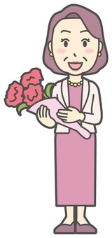  お金持ちマダム-012-全身 花束,お祝い,おばさん,中年,女性,富裕層,マダム,裕福,お金持ち,ミセスのイラスト素材